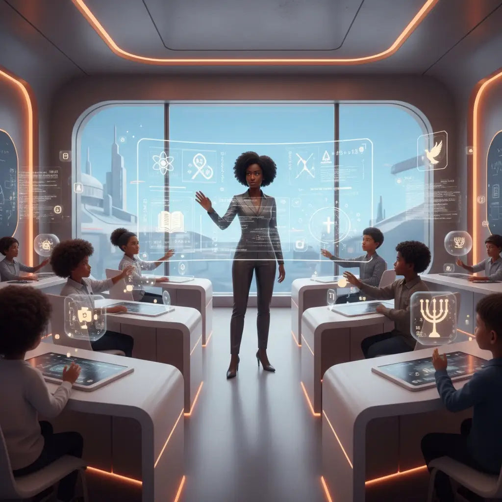 Futuristic white tablet with holographic interface for transforming Christian education