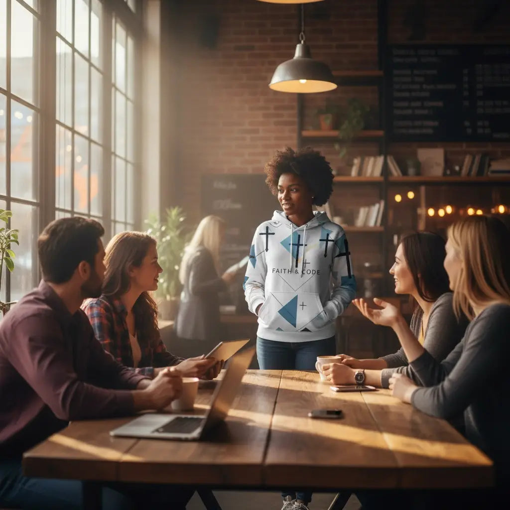 Blue and white geometric hoodie with Faith text by Avodah Dynamics Christian apparel