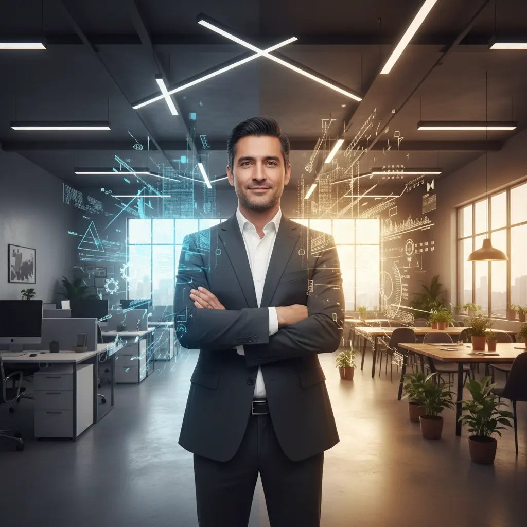 Modern dark gray suit with white shirt and black pants for faith integration in professional life