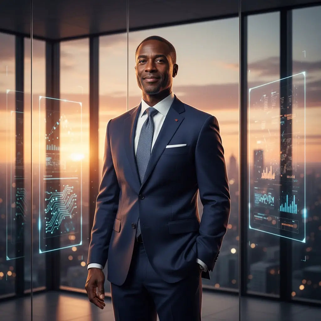 Navy blue tailored suit with white pocket square for faith-based leadership