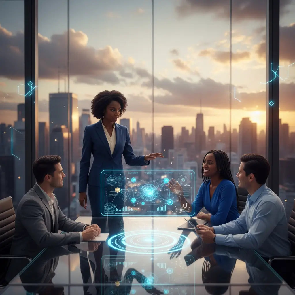 Futuristic holographic table for faith-based leadership and spiritual wisdom.