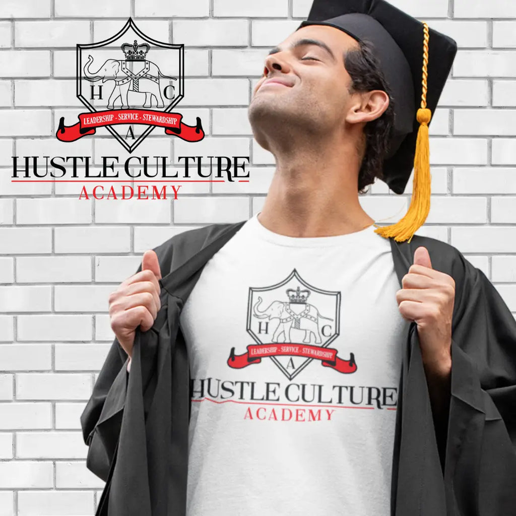 Graduation cap and gown with a Hustle Culture Academy t-shirt for empowered leaders.