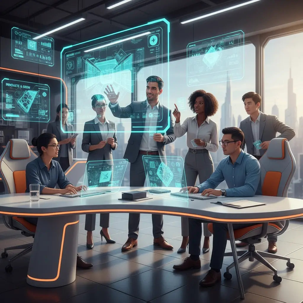 Futuristic holographic screen guiding Christian leadership by biblical principles