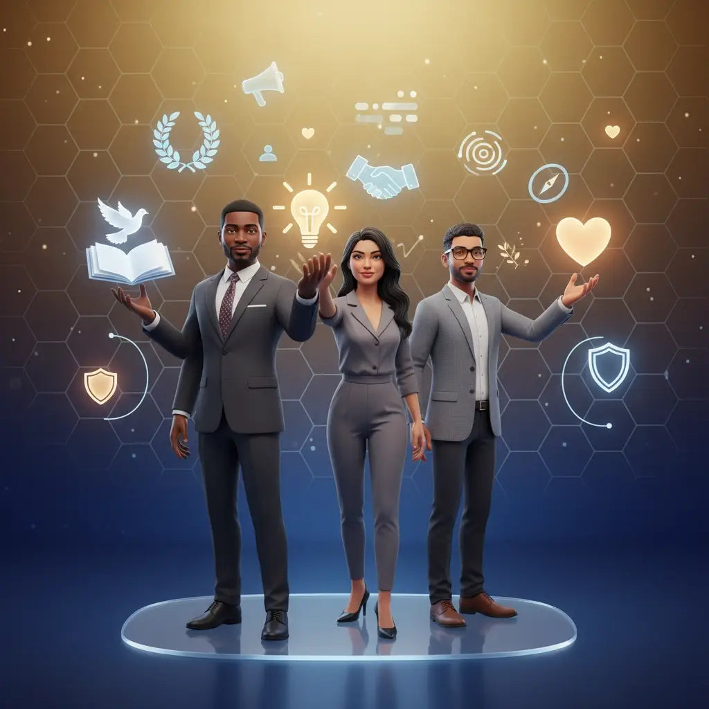 3D animated business people with biblical wisdom and Holy Spirit icons