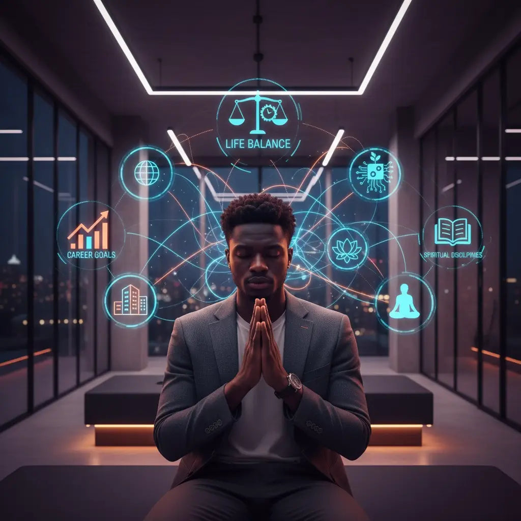 Black suit jacket with teal holographic spiritual disciplines icons for Christian growth