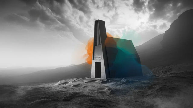Futuristic tower emerging from water with a dramatic sky. Christian Discipline. 