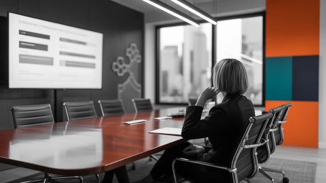 Person sitting at a conference table in a modern office with large windows. Avodah Coaching. 