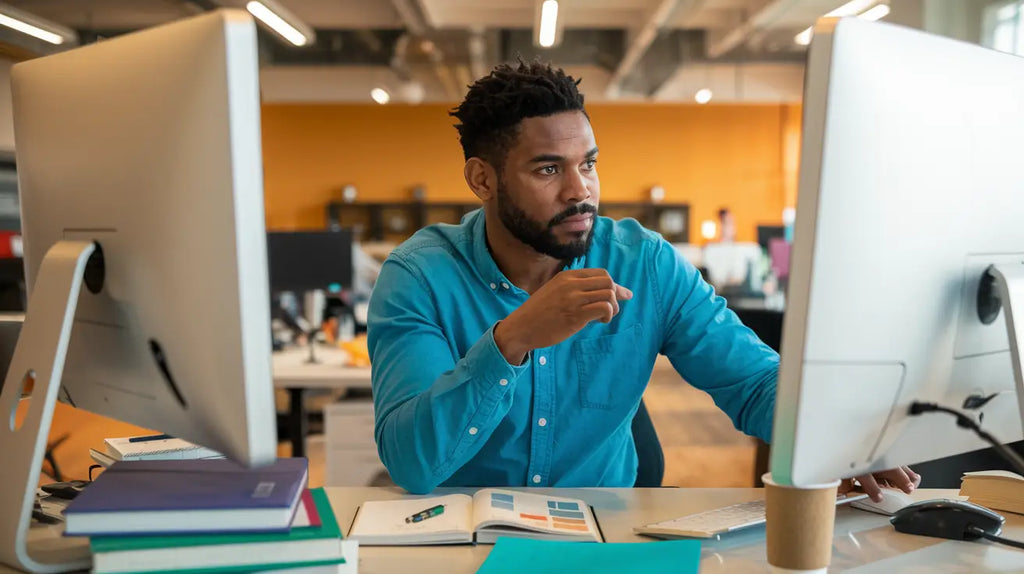 Professional in turquoise shirt working on computer for Avodah Dynamics culture transformation