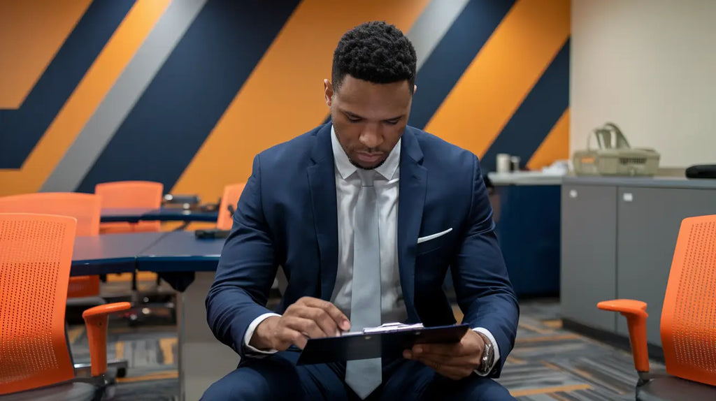 Professional in navy suit and silver tie engaging with a tablet in Entrepreneurship Accelerator.