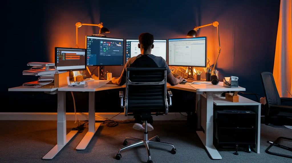 Modern height-adjustable desk setup with dual monitors for Mindset Mastery Series.