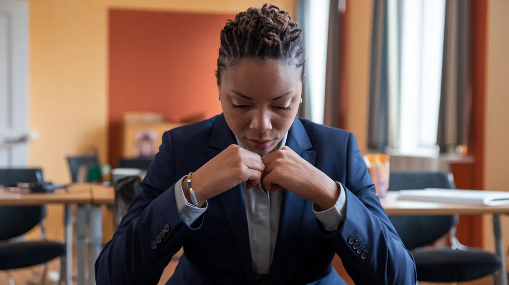 Professional in navy blue blazer adjusting collar for Avodah Dynamics personal growth intensive.