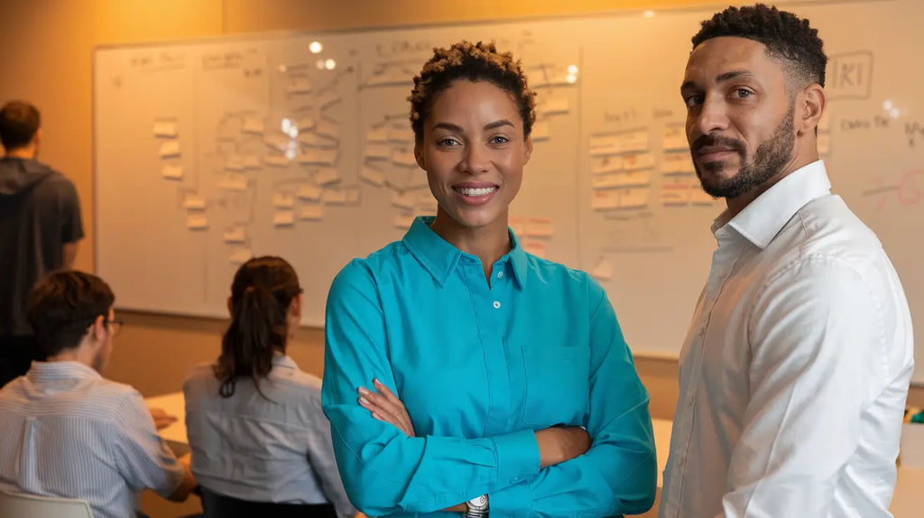 Two coworkers at Avodah Dynamics engaging in purpose-driven coaching for organizational transformation.