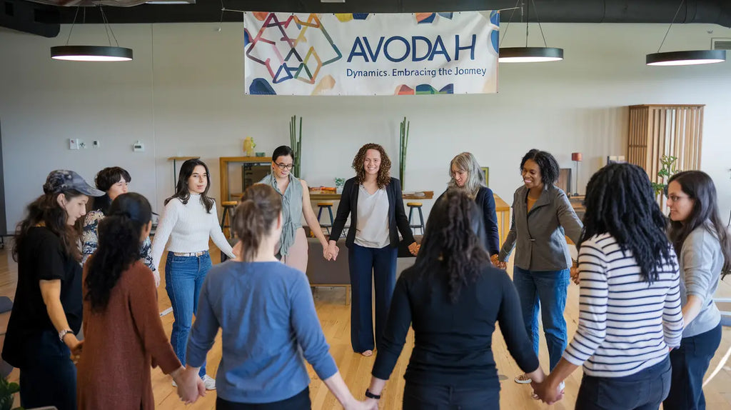 Group of people holding hands in a circle at an Avodah gathering for Christian female speakers.