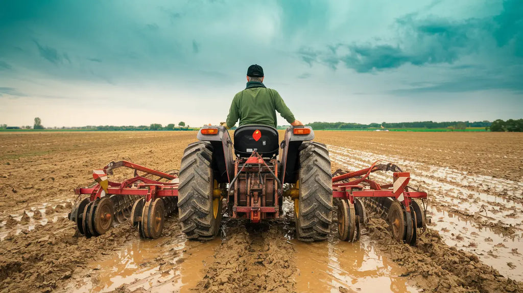 Red farm tractor pulling tillage equipment through muddy field fostering purposeful lifestyles.