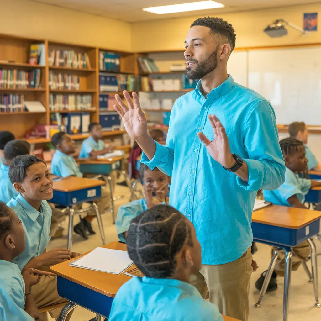 Teacher in turquoise shirt engaging students in inquiry-based learning at Avodah Shift.