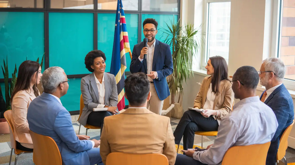 Business meeting showcasing professionals in a circle discussing team building strategies.