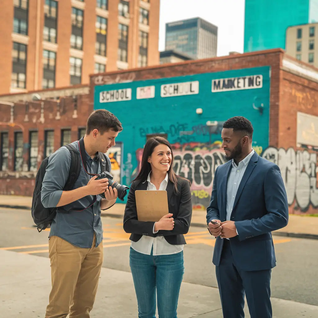 Three young professionals engaging on a city street, enhancing a strong educational brand.