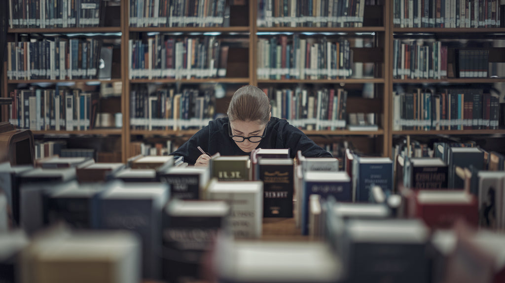 Student studying at a library desk, embodying healthier work amid hustle culture.