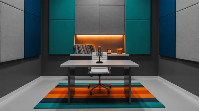 Modern office setup with a desk, chair, and colorful rug in a room with blue and gray walls. Christian Leadership Coaching. 