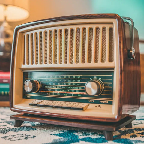 Vintage wooden radio with metal grille, featured in Avodah Dynamics hustle culture music.