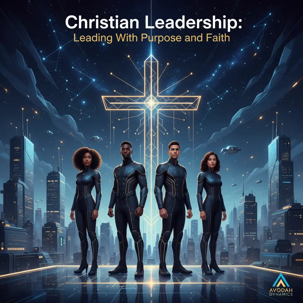 Gold cross with illuminated design on futuristic cityscape, symbolizing Christian leadership.