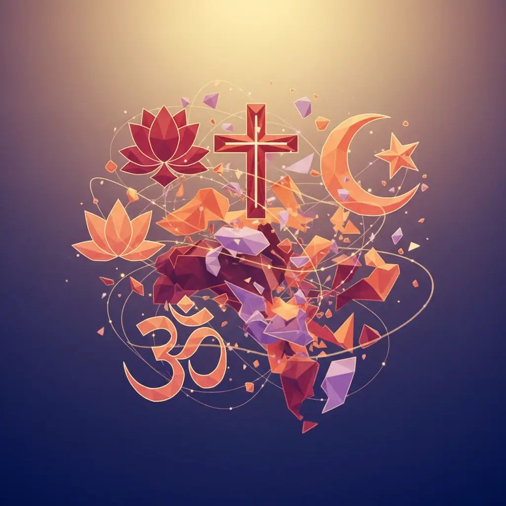 Abstract image of religious symbols and shattering geometric shapes symbolizing gen z professionals’ spiritual practices and mental health