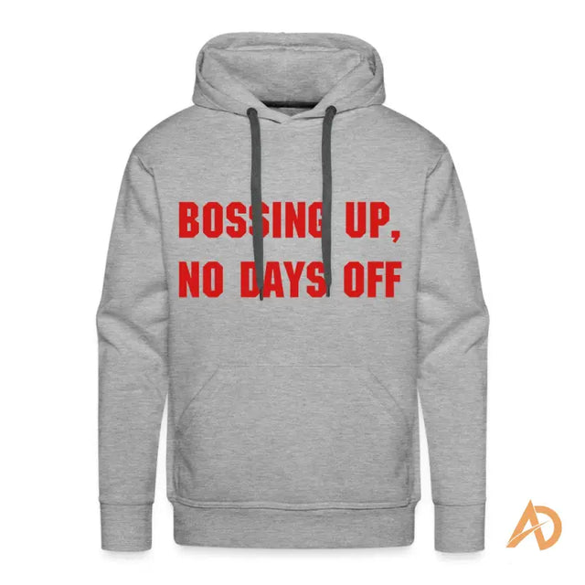 Grey premium hoodie featuring ’Bo Up No Days Off’ from Hustle Culture with contemporary design