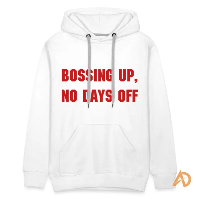 White premium hoodie featuring Boing Up text, embodying Hustle Culture’s contemporary design