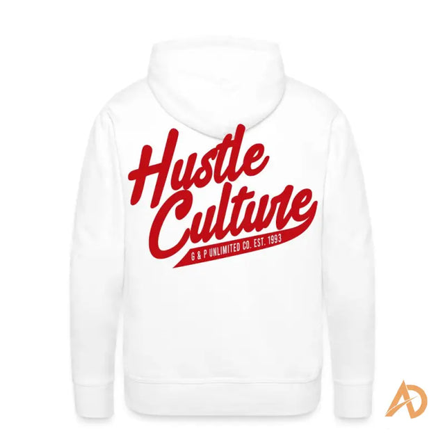 Premium Hustle Culture hoodie in white with bold red lettering and contemporary design