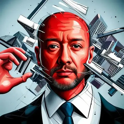 Artistic portrait showcasing unique greatness with red-tinted face and white collar blue tie.