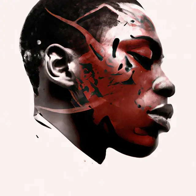 Artistic profile portrait showcasing mission driven decision making through dramatic red and black elements.