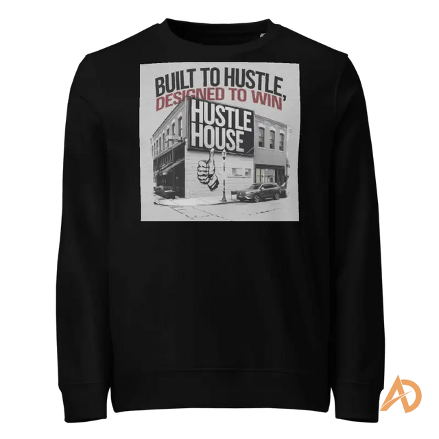 Black sweatshirt with Built to Hustle text and artwork, featuring Avodah Dynamics set-in sleeves