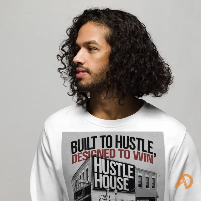 Person with long curly dark hair in Avodah Dynamics Built to Hustle shirt with set-in sleeves