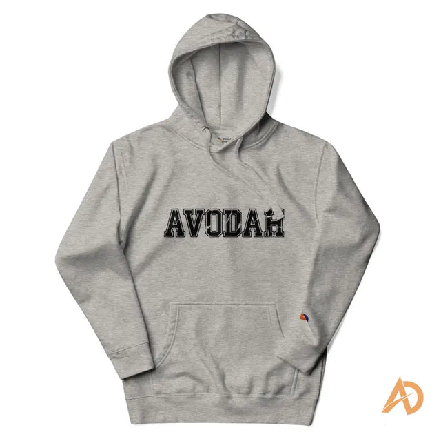 Heather gray Avodah varsity hoodie with black and white text designLight gray hoodie with 'AVODAH' in bold black letters, featuring a small orange and purple triangle logo on the sleeve.