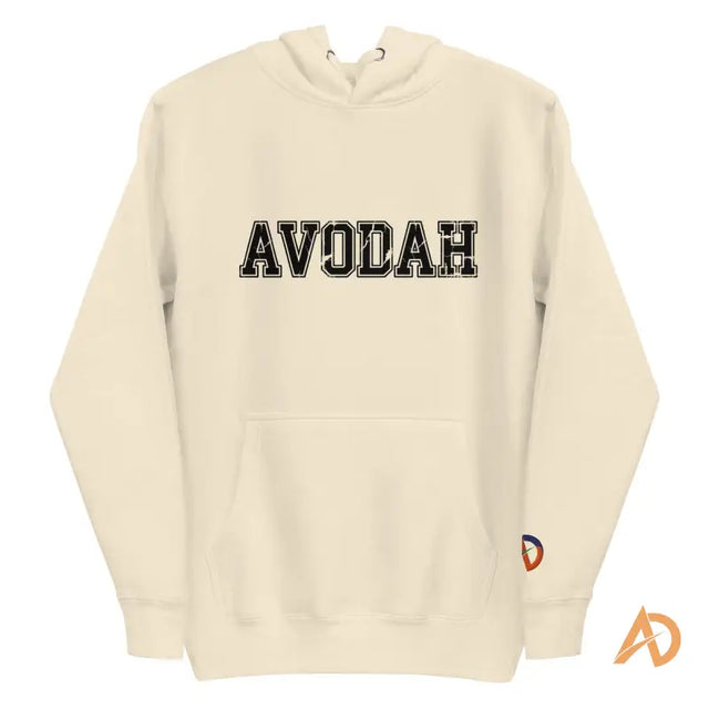 Cream-colored Avodah Varsity Hoodie with black and white avodah text and Champion sleeve logoCream-colored hoodie with black AVODAH text and a small blue and orange logo on the right sleeve.