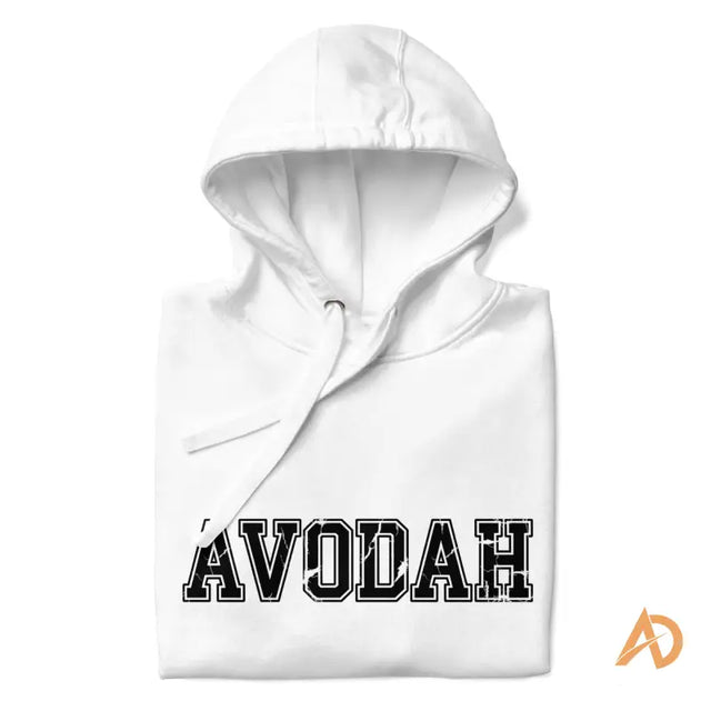 White Avodah varsity hoodie in casual black text designWhite hoodie folded with a black distressed AVODAH logo and orange stylized A emblem on the corner.