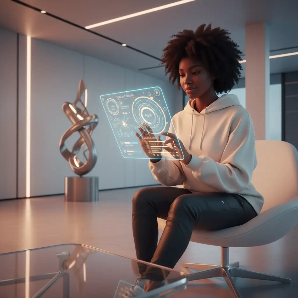 Futuristic holographic touchscreen for Avodah Dynamics leadership development coaching