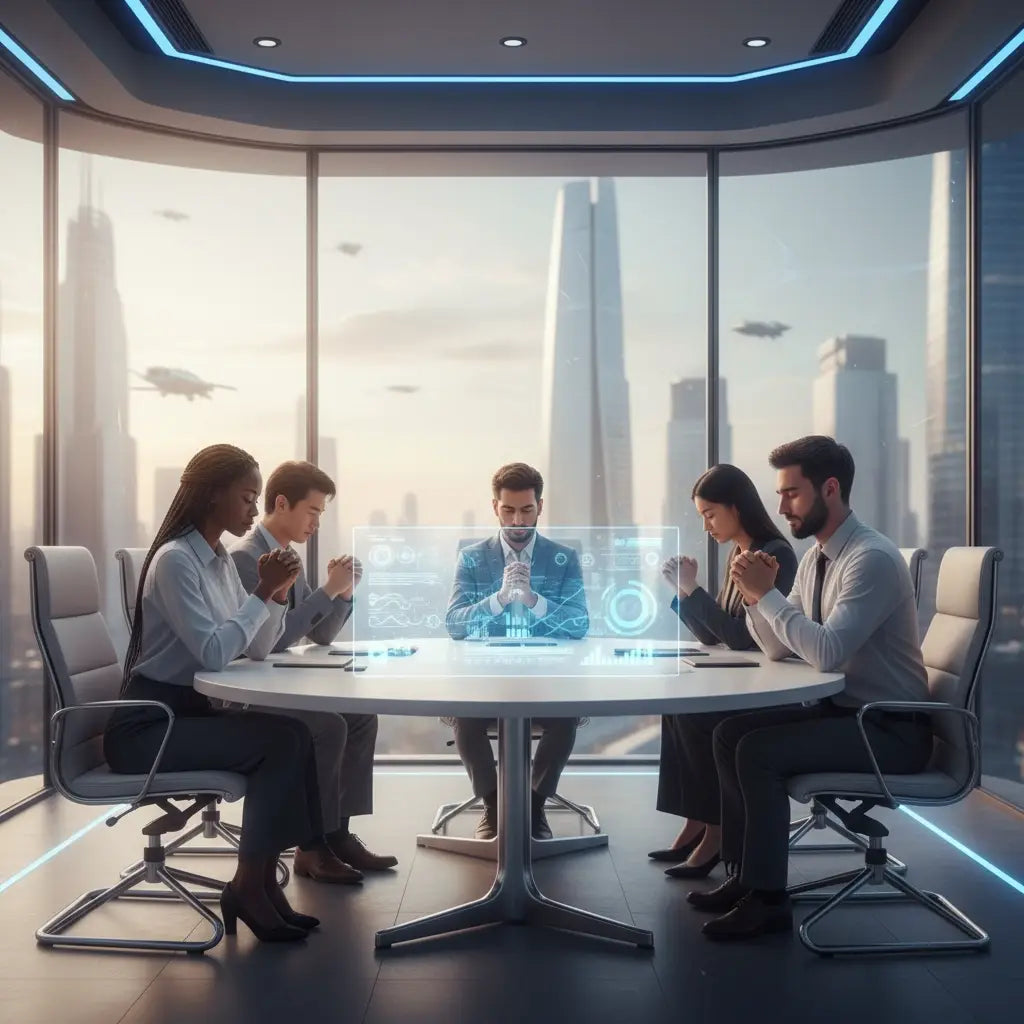 Holographic businessman in suit with blue glow for Christian growth