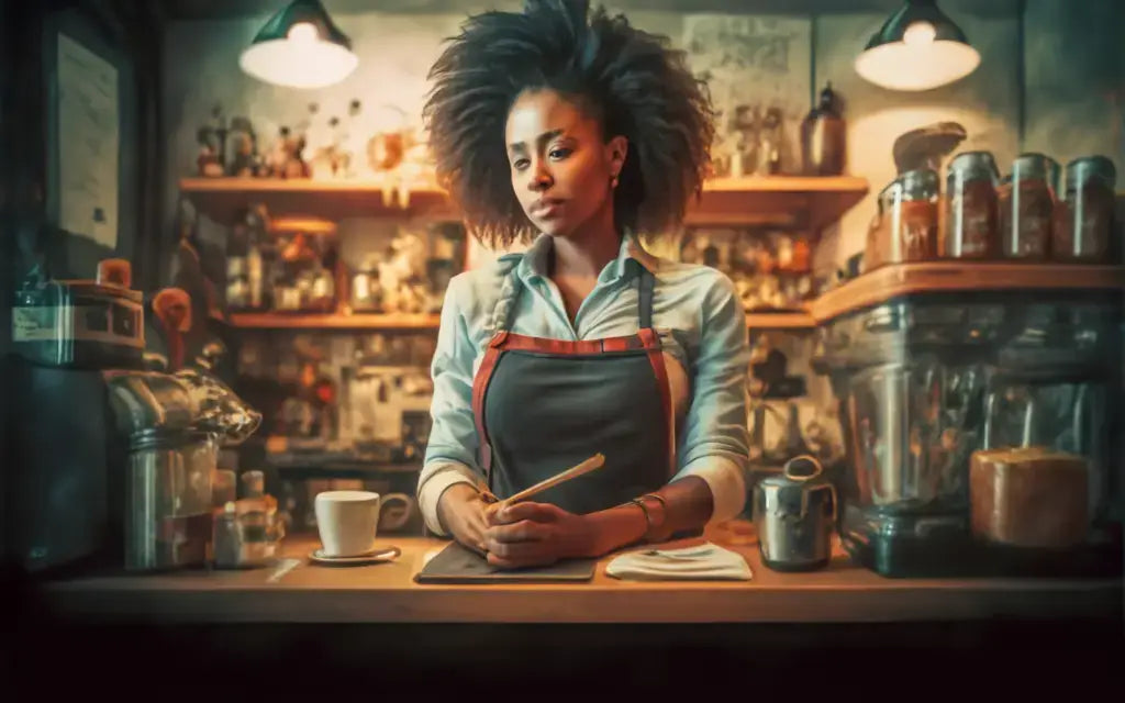 Barista in brown apron demonstrates black entrepreneurship behind coffee counter.