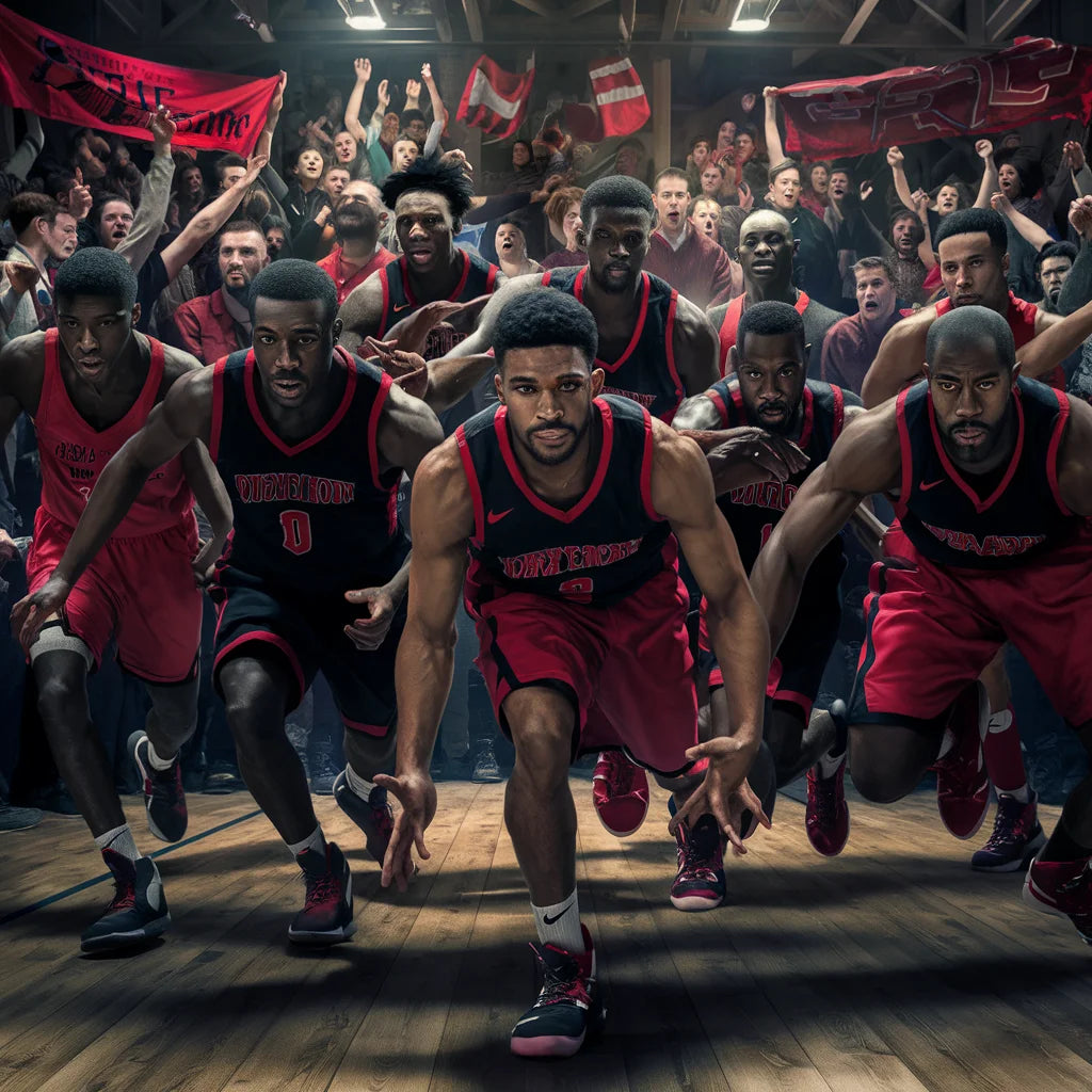 Basketball team in red uniforms exemplifying hustle culture and strong work ethic.