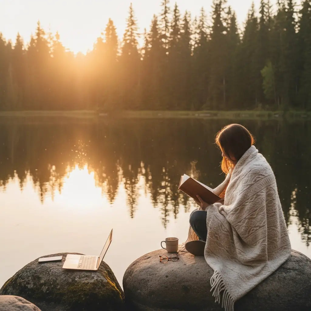 Cozy beige plaid blanket for practical shift from toxic hustle
