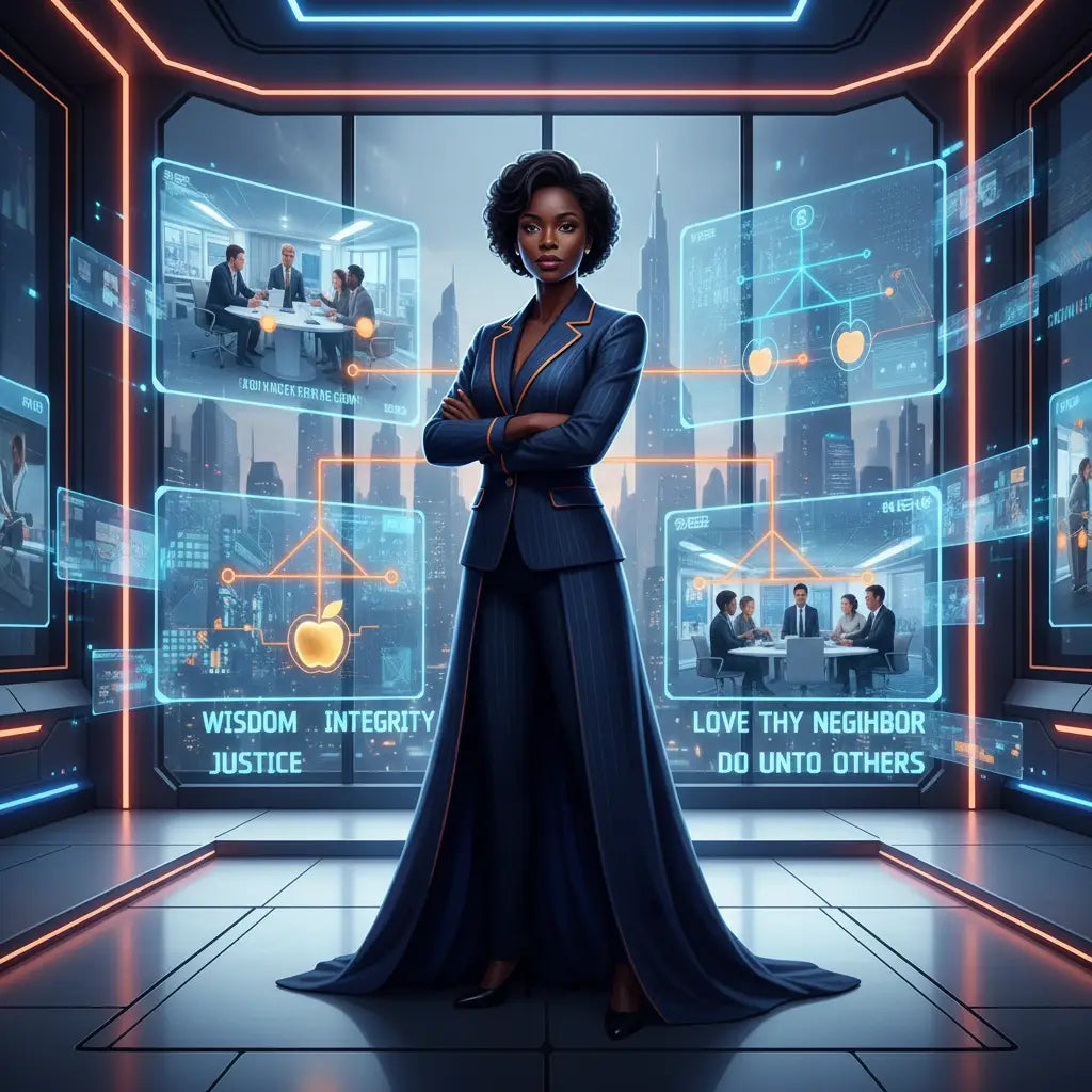 Black suit with blue lapels and flowing skirt for faith integration at work