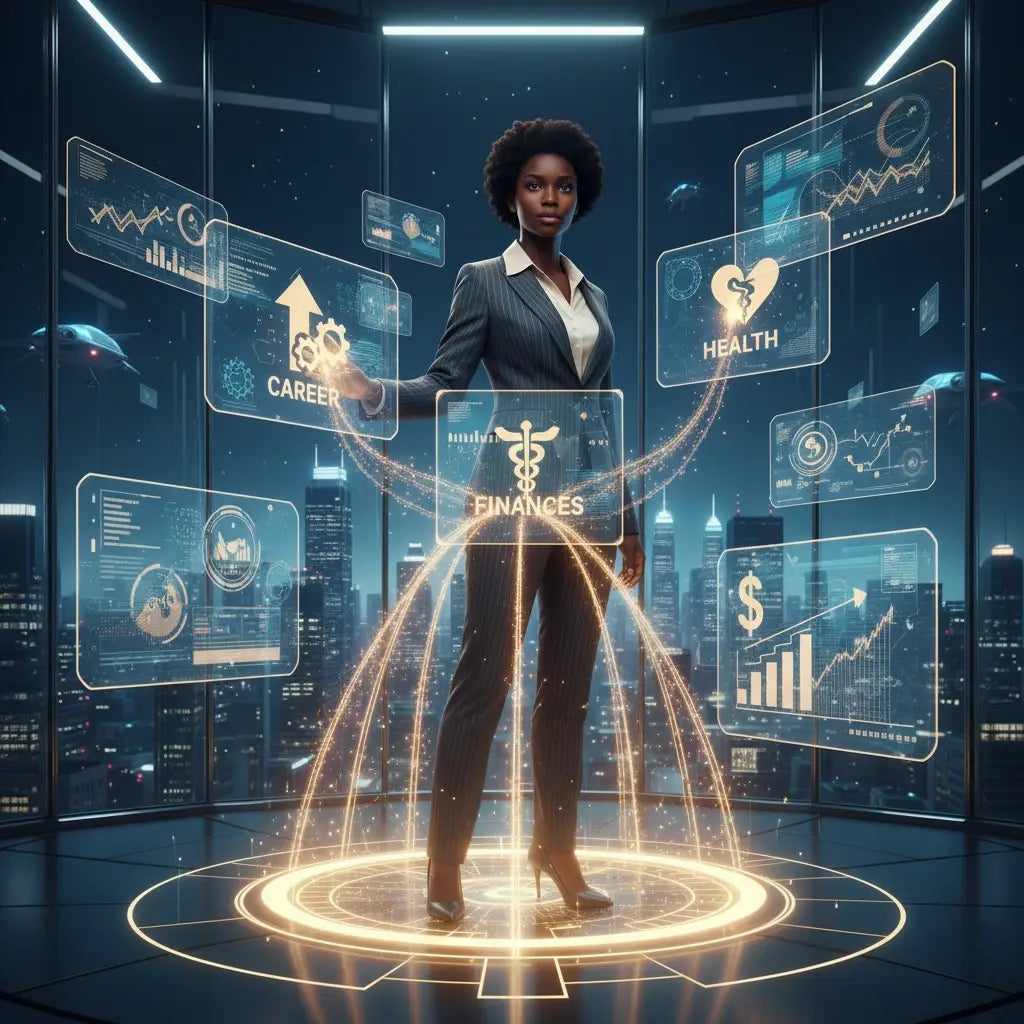 Black businesswoman viewing faith-based goal setting hologram display