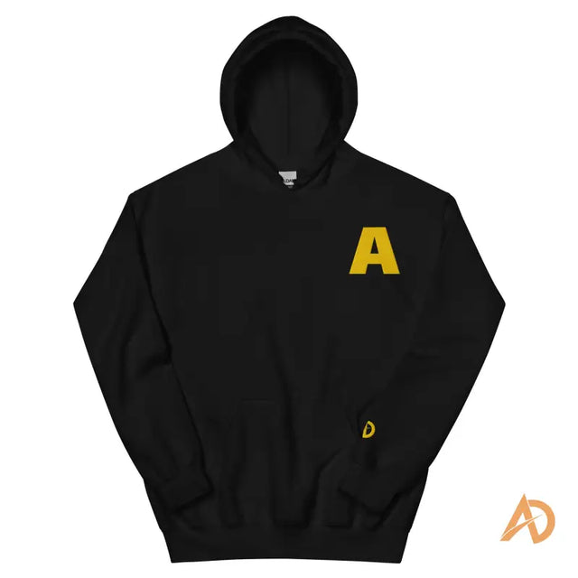 Black Dominion Hoodie with yellow A logo and sleeve tag