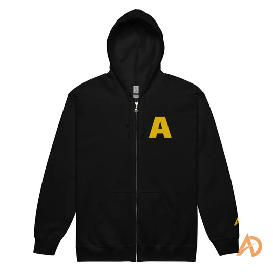 Black Dominion zip-up hoodie with gold Avodah Dynamics text
