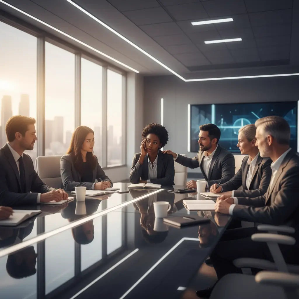 Sleek black glass conference table for sustainable leadership among Christian leaders
