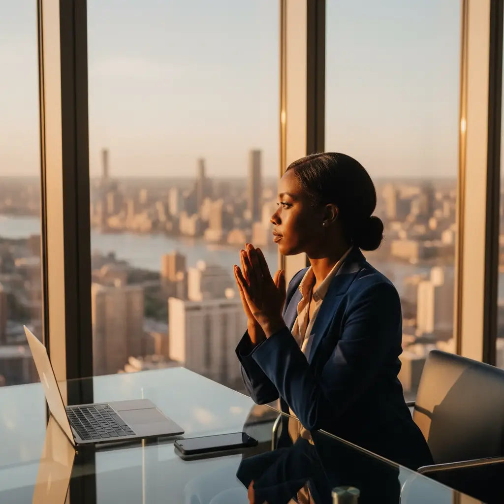 Sleek black glass laptop stand for Christian coaching in uncertain times