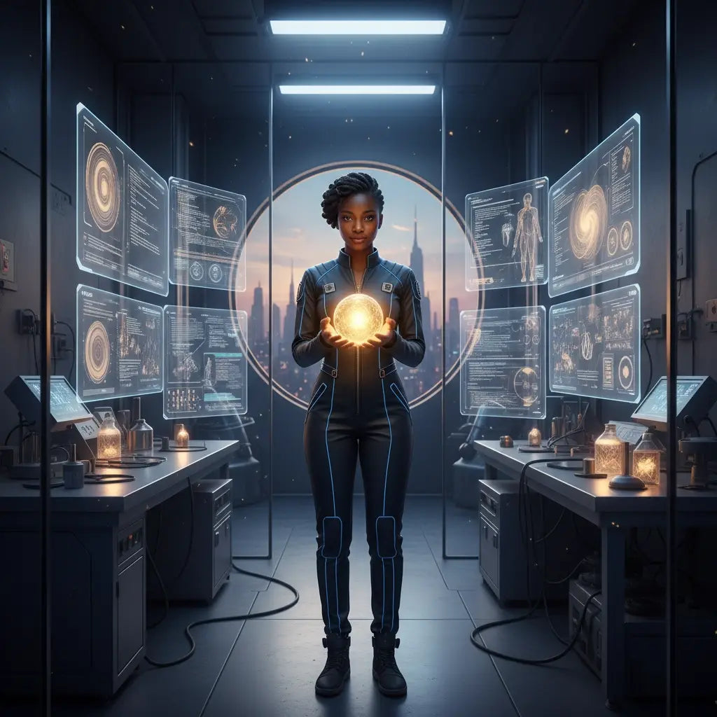 Futuristic black leather jacket with holographic details and biblical hope.