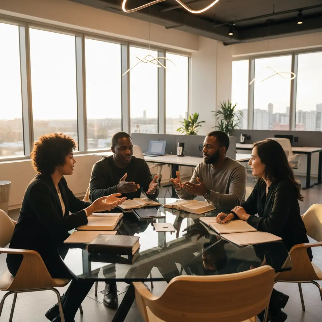 Black leather office chair with wooden armrests and metal legs for faith-filled mindset.
