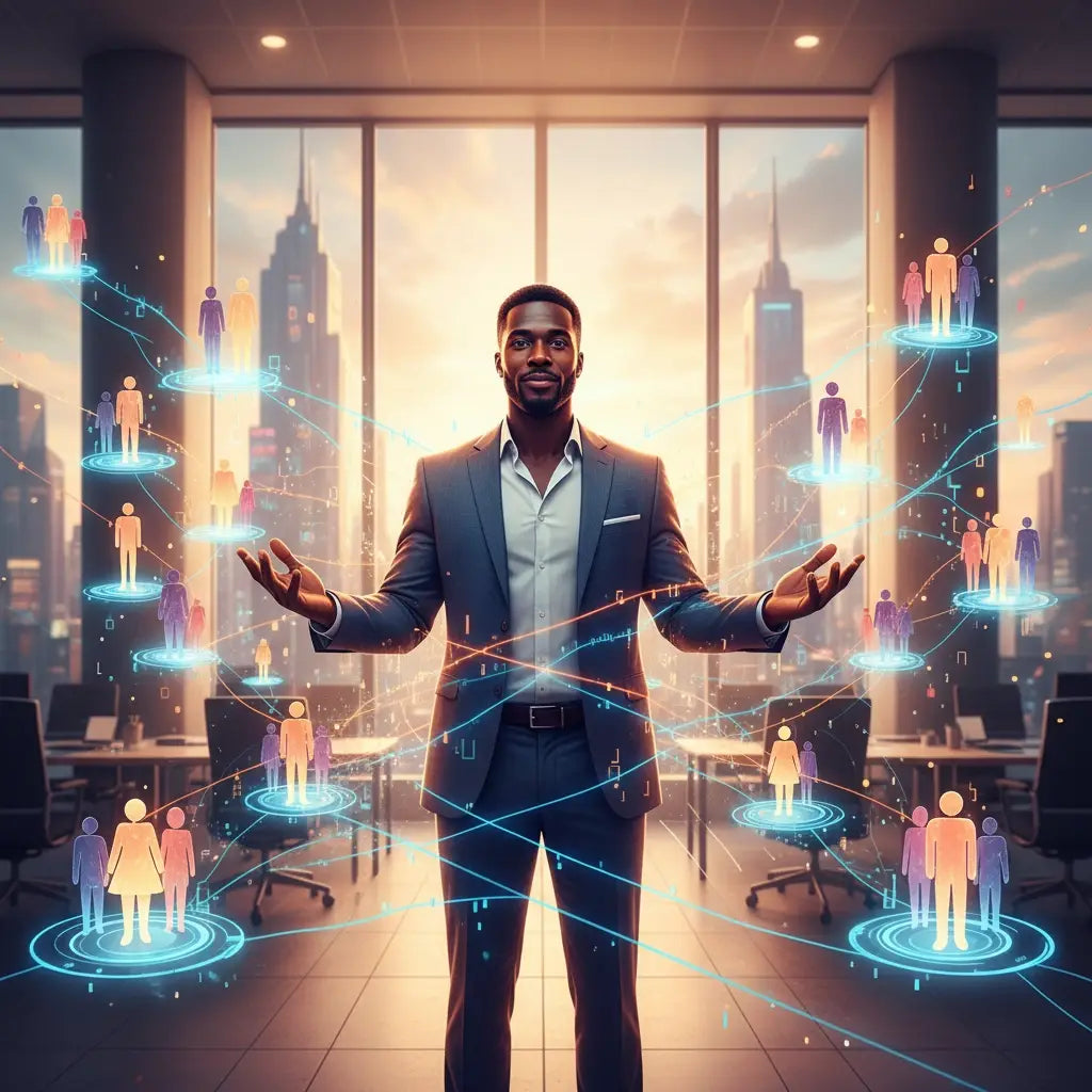 Christian professional in black suit, white shirt, blue tie for workplace culture